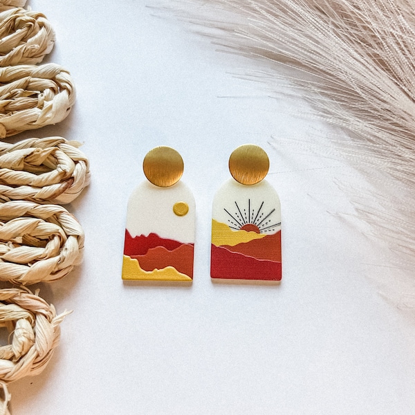 Sunrise & Moon over Red Rocks, Acrylic Earrings, Sunrise, Moonrise, Moon set, Sunset, Red Rocks, Earrings, Unique, boho, Made by hand