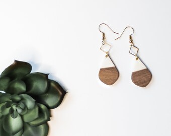 Wood Resin Teardrop, Dangle Earrings, Wood Jewelry, Wood Earrings, Teardrop Earrings, Handmade Earrings, Nickel Free, Unique Style, white