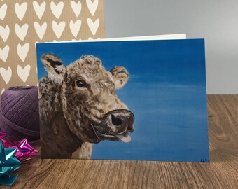 Greeting card, cow card, animal, art, birthday, stationery, cow, blank card, animal card, birthday card, card for animal lover