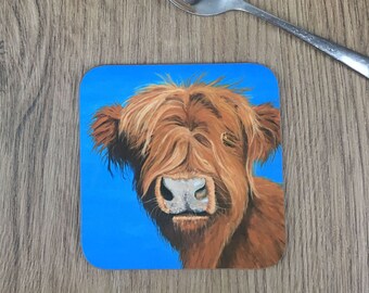 Coaster, Highland cow coaster, cute coaster, animal coaster, hardboard coaster, glossy coaster, homeware, tableware, coffee, tea, gift