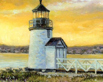 Nantucket Lighthouse Print - Coastal Seascape Oil Painting - Beach House Painting - Cape Cod Nautical Gift