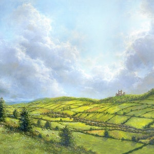Irish countryside art print, with castle and sheep, landscape oil painting, wall art, free shipping