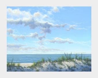 Sand dunes and ocean oil painting, Fine art print, Perfect coastal home decor for beach lovers
