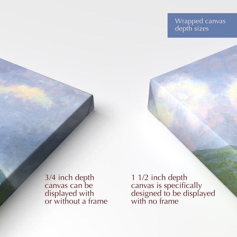 K&ouml;nnte beinhalten: Zwei aufgespannte Leinw&auml;nde, eine mit einer Tiefe von 3/4 Zoll und die andere mit einer Tiefe von 1 1/2 Zoll. Die Leinwand mit 3/4 Zoll Tiefe kann mit oder ohne Rahmen ausgestellt werden. Die Leinwand mit 1 1/2 Zoll Tiefe ist speziell f&uuml;r die Pr&auml;sentation ohne Rahmen konzipiert.