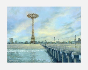 コニーアイランド遊園地とビーチの油絵、ファインアートプリント、ウォールアート