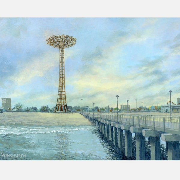 Coney Island amusement park and beach oil painting, Fine art print, Wall art