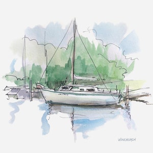 Sailboat sketch, sailboat watercolor painting, coastal home decor for boat lover