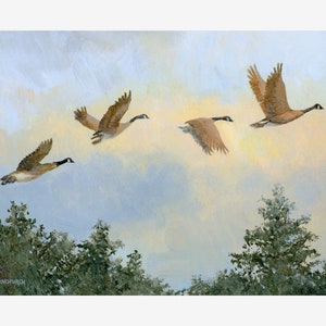 Fliegende Gänse Malerei, Fine Art Print, Wandkunst für Vogelliebhaber