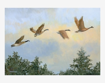 Flying geese painting, Fine art print, Wall art for bird lovers