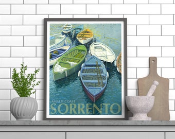 Amalfi kust poster van Sorrento Italië Art Print, Vissersboten in de Middellandse Zee Wall Art, Italië poster