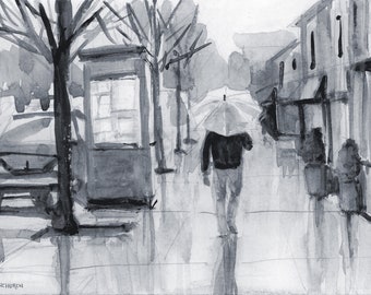 Rainy day watercolor print, Man walking in rain painting and wall art