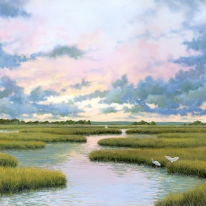 May include: A painting depicting a marshland scene with a meandering waterway and two white birds in the foreground. The sky is a soft blue with pink and yellow clouds.