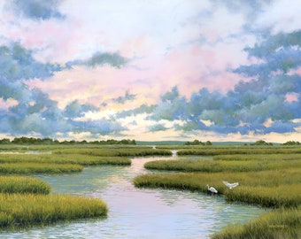 Tidal wetlands oil painting with egrets, Fine art print, Wall art for lake, ocean or maritime lovers