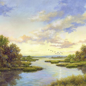 Tidal wetlands oil painting with geese, Fine art print, Wall art for lake, ocean or maritime lovers