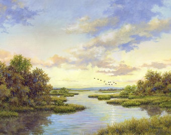 Tidal Wetlands Oil Painting Print: Geese Over Marsh Landscape