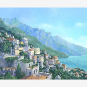 Amalfi Coast art print, Positano painting, Mediterranean Sea, coastal art, home decor