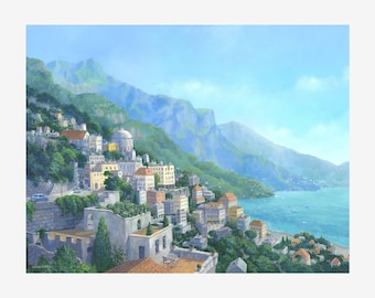 Amalfi Coast art print, Positano painting, Mediterranean Sea, coastal art, home decor