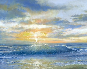 May include: A painting of a seascape with a bright, golden sunset over the ocean. The waves are crashing on the shore, and the sky is filled with clouds.