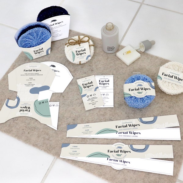 Printable FACIAL WIPES Tags, Labels & Box - Downloadable PDF. Makeup pads scrubbies packaging template. Instant Download.