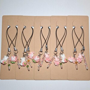 Strawberry Bunny Phone Charms: Kawaii Pastelcore Phone Straps - Set of 2