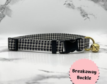 Collar para gato de cuadros vichy negros: BREAKAWAY, gatito, cuadros, cascabel, hecho a mano, hebilla, personalizado, regalos, perro pequeño, 100 % algodón