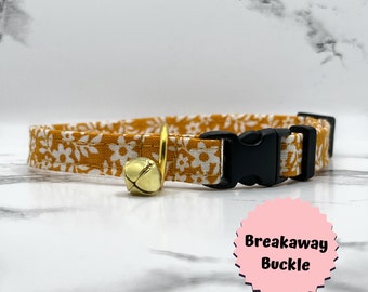 Floral Cat Collar with Bell, Mustard Yellow Flower Kitten Collar, Breakaway Safety Buckle, orange