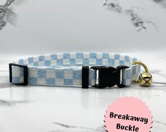 Collar para gato con cuadros azules: BREAKAWAY, gatito, campana, hecho a mano, hebillas, personalizado, regalos, cuadros, 100 % algodón