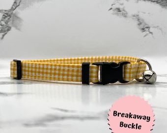 Collar para gato de cuadros amarillos: BREAKAWAY, gatito, cuadros, campana, hecho a mano, hebilla, personalizado, regalos, perro pequeño, 100 % algodón