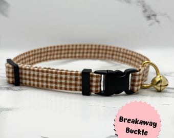 Collar para gato de cuadros marrones: BREAKAWAY, gatito, cuadros, cascabel, hecho a mano, canela, personalizado, regalos, perro pequeño, 100% algodón