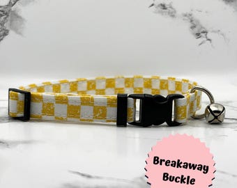 Collar para gato a cuadros amarillos: BREAKAWAY, gatito, campana, hecho a mano, hebillas, personalizado, regalos, cuadros, 100% algodón