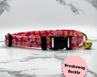 Floral Cat with Bell, Breakaway Buckle, Pink Flower Kitten Collar, Safety Pet Collar