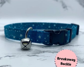 Celestial Cat or Kitten Collar, Breakaway Buckle, Optional Gold or Silver bell, stars, galaxy, handmade, gift, small dog, personalized