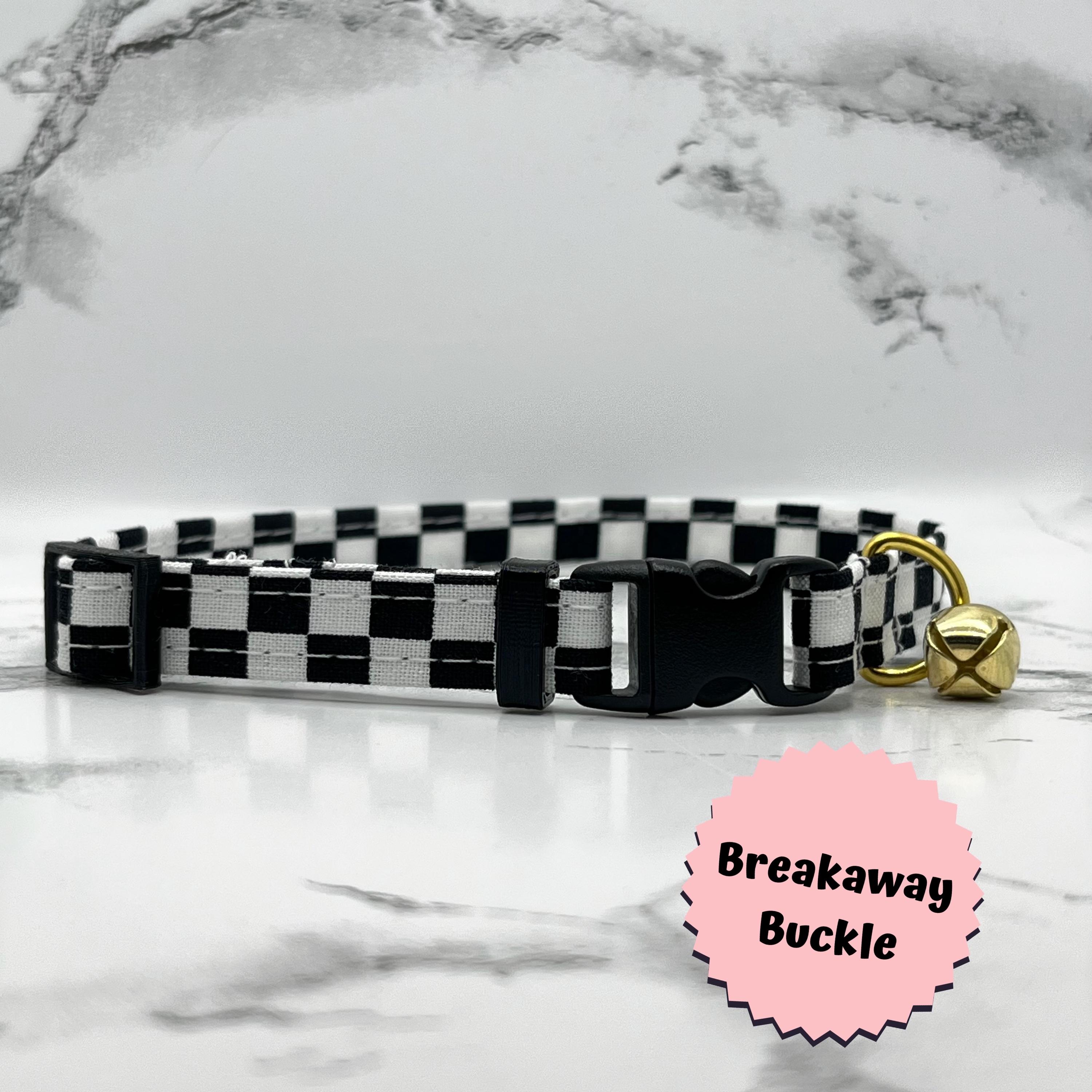 Checker Cat or Kitten Collar, BREAKAWAY, bell, handmade, buckles, custom, gifts, checkered, racing check