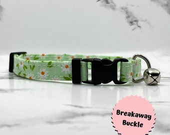 Green Floral Cat or Kitten Collar with optional silver or gold bell, handmade, gift, flower, breakaway buckle, custom, daisy
