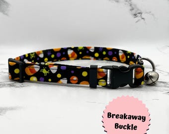 Collar para gato con caramelo de maíz: BREAKAWAY, gatito, araña, espeluznante, regalo, hecho a mano, perro pequeño, personalizado, 100 % algodón