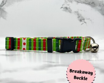 Collar navideño para gatos con cascabel, rayas festivas rojas y verdes, hebilla desmontable