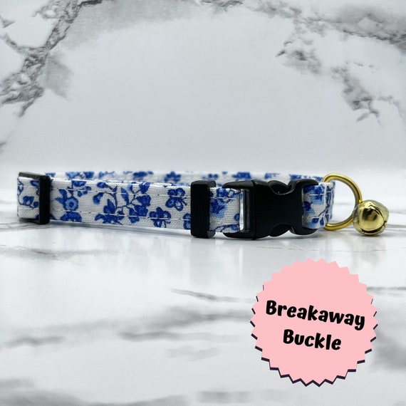 Blue Floral Cat Collar with Bell, Breakaway Buckle, Kitten Safety Collar, Delft, China