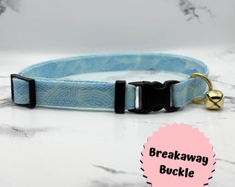 Collar para gato Blue Wave: BREAKAWAY, gatito, campana, hecho a mano, hebillas, personalizado, regalos, algodón