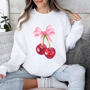Cherry and Bow Sweatshirt, Trendy Sweatshirt, Aesthetic Sweatshirt, Coquette Clothing, Cute Cherries, Kawaii Sweatshirt, Trendy Apparel Gift