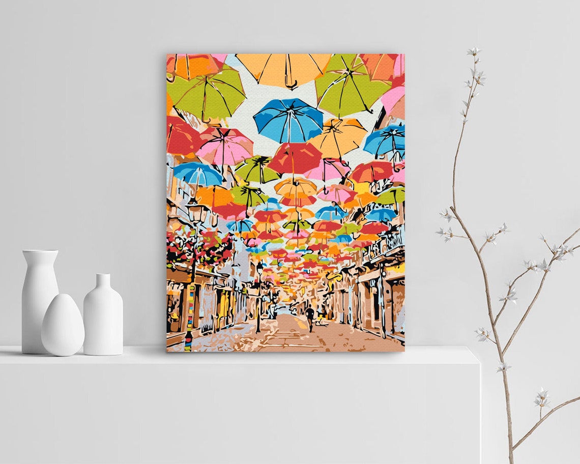 Colorful Umbrella DIY Kit Paint by Numbers Handmade Picture Divided by