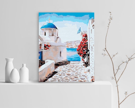 Greece Oil Painting for Adults Paint by Numbers DIY Kit Paint on Your Own  Wall Art Home Decoration Old Town Framed Oil Painting Kit AD0034 