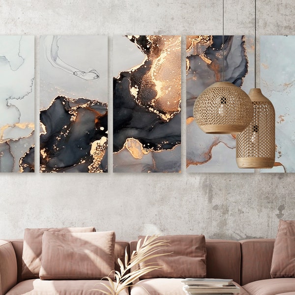 Gold Marble 5 Multi-Panel Canvas Art For Home Room Decoration White Marble Large Pictures For Living Room Marbled Art Paintings Set AD0370