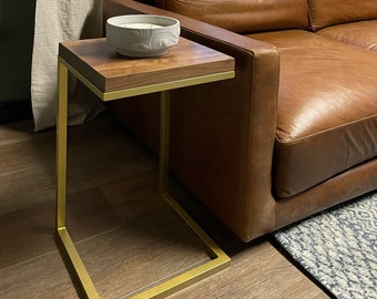 Walnut Wood Side Table C-Shape With Metal Base, End Table