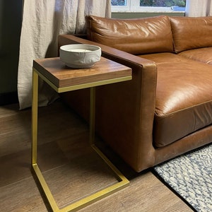Walnut Wood Side Table C-Shape With Metal Base, End Table