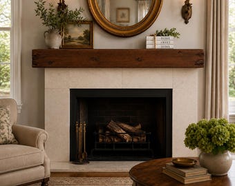 May include: A fireplace with a dark wood mantel, a cream-coloured stone surround, and a black metal firebox containing logs. Above the mantel sits a round gold-framed mirror, two wall sconces, a framed landscape painting, and stacked books.