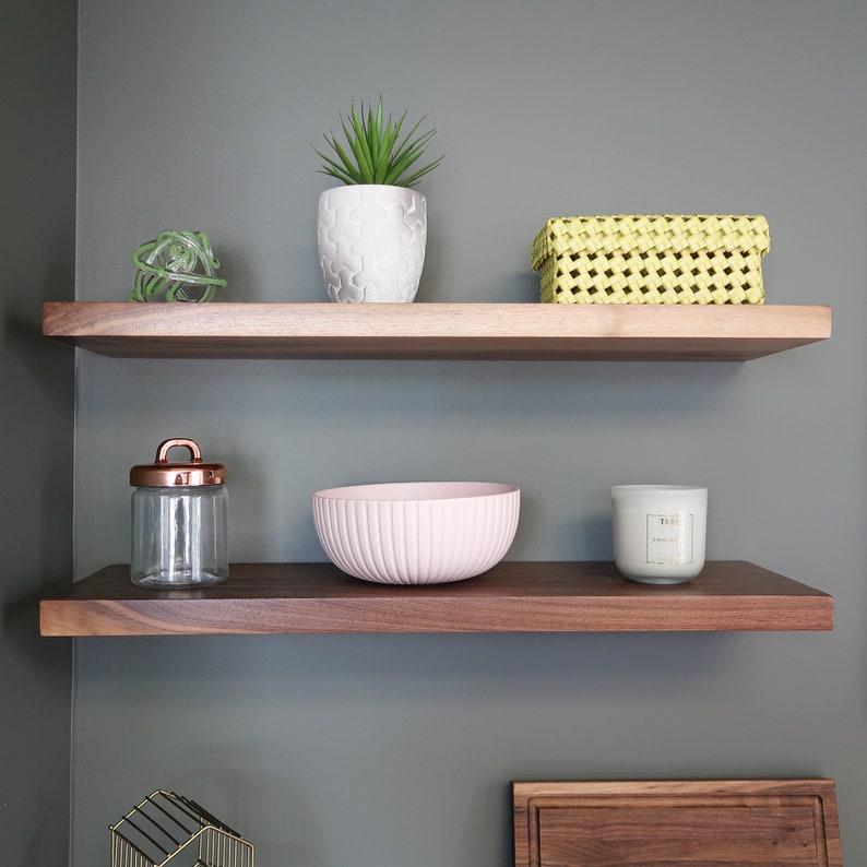 walnut floating shelves