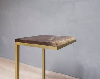 Live Edge Walnut Wood Side Table C-Shape With Metal Base