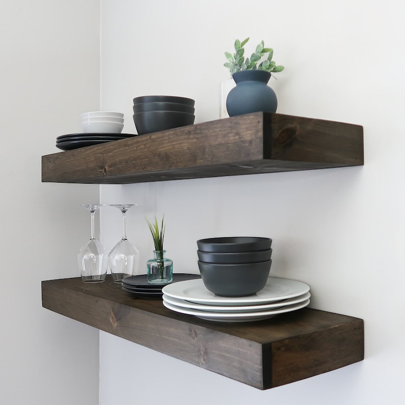 Modern floating shelves in jacobean color