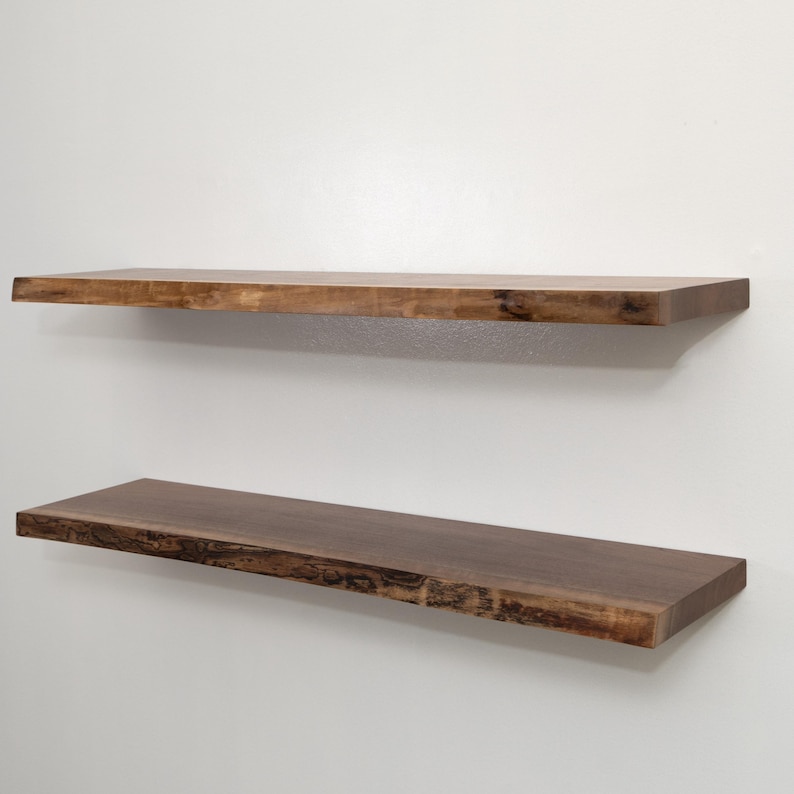 Walnut Live Edge Floating Shelves with on a Gray Wall