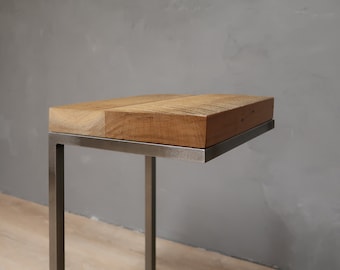Reclaimed  Wood Side Table C-Shape With Metal Base, End Table
